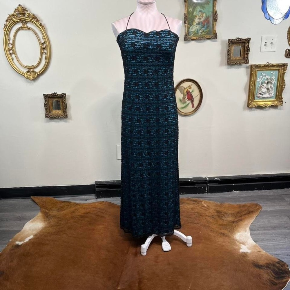 Vintage Blue Black Lace Overlay Halter Maxi Dress Evening Gown whimsical Goth